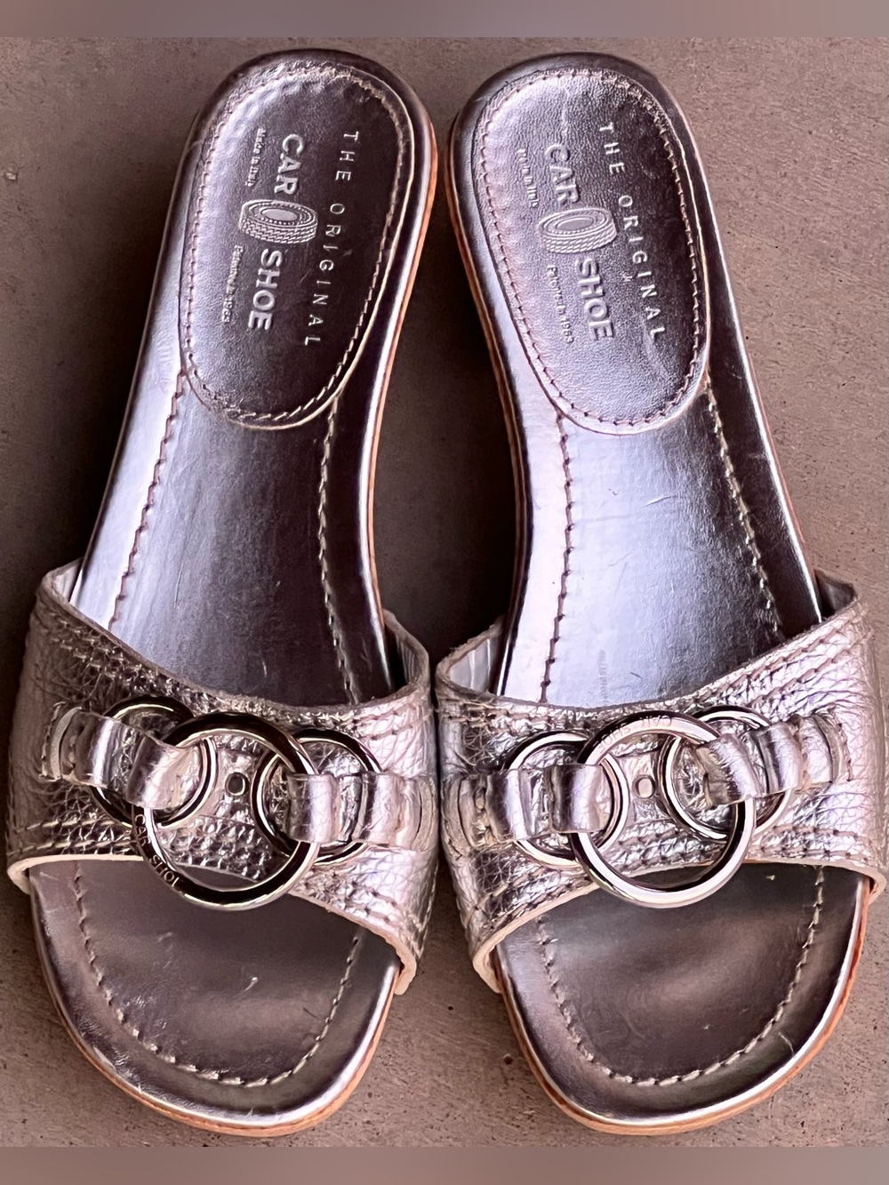 Car Shoe Prada Metallic Silver Leather Wood Clog Sandals Slide Heel Vintage 37.5
